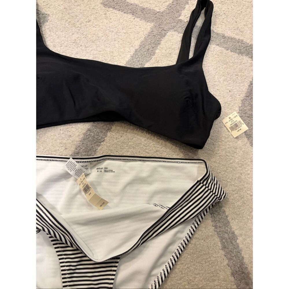 NWT Aerie Black Scoop Neck Bikini Top Black White Striped Bottoms Swim Set Size - Picture 2 of 5